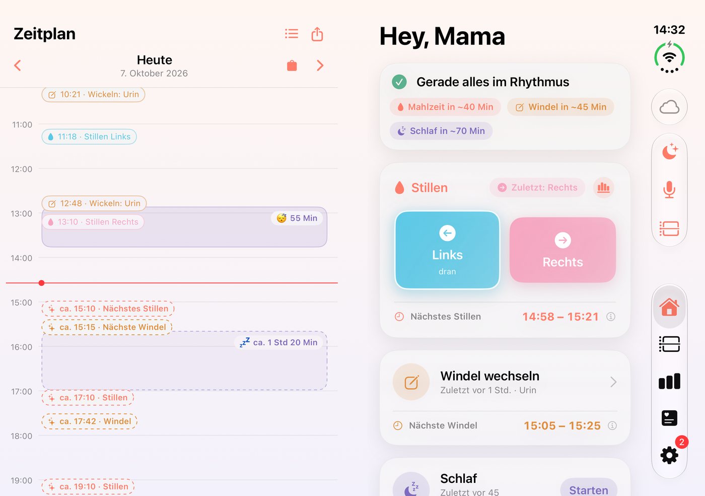iPhone Duo flach aufgeklappt: links der Zeitplan, rechts die Startseite von HeyFini