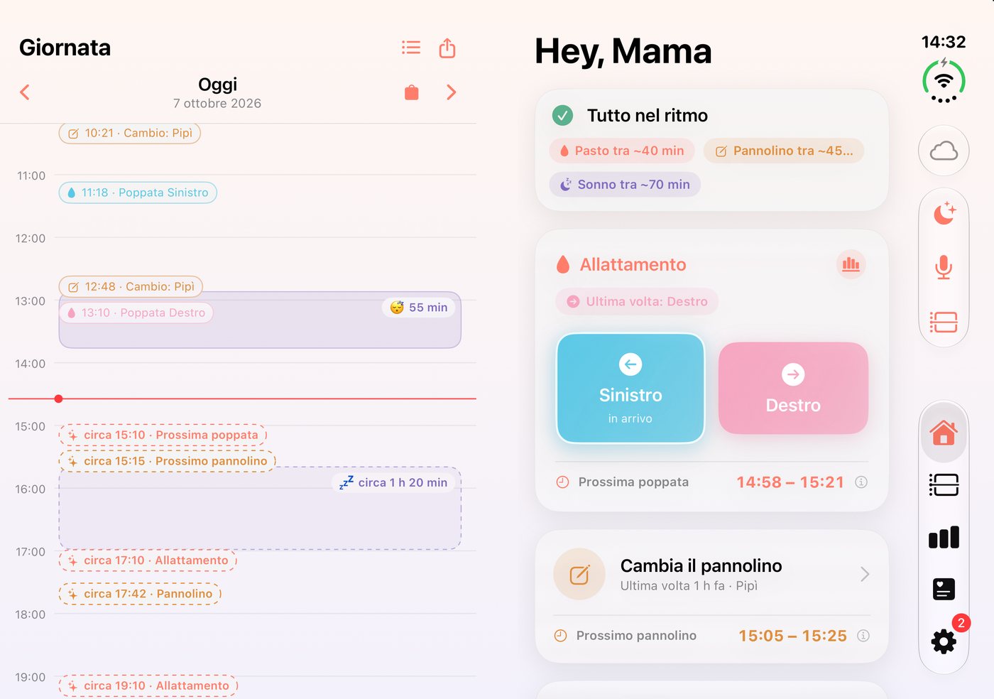 iPhone Duo aperto del tutto: l’agenda a sinistra, la schermata iniziale di HeyFini a destra