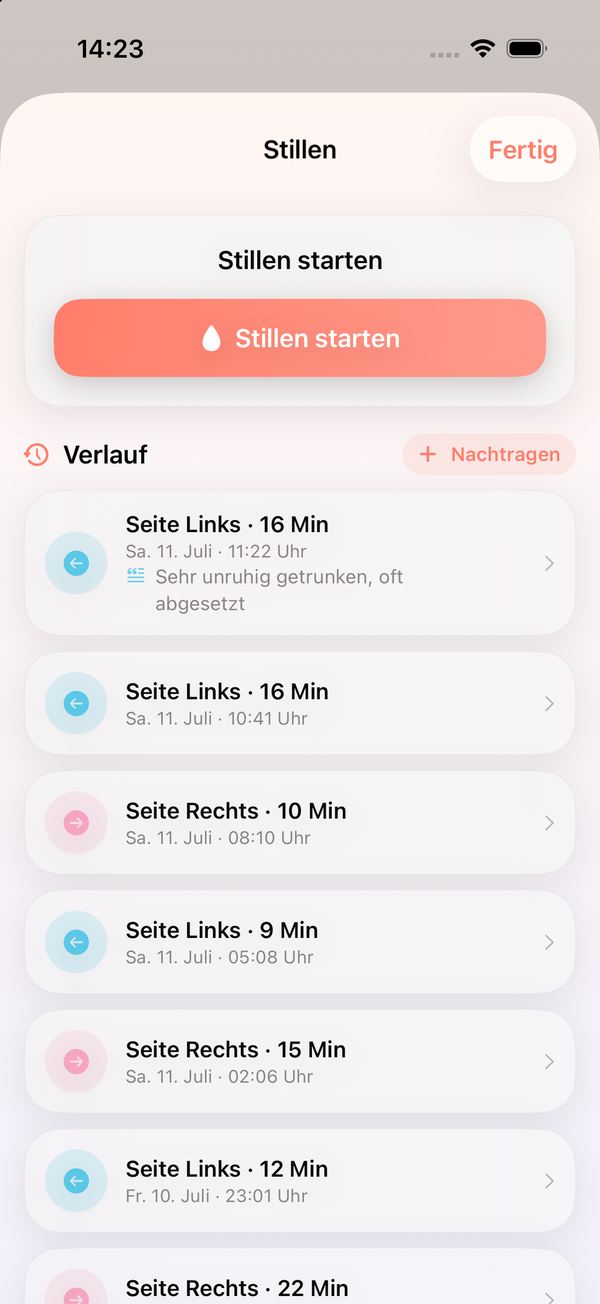 Einfacher Modus in HeyFini: Stillen mit nur einem Tipp starten – ohne Seite. Der Verlauf zeigt weiterhin alle Details.