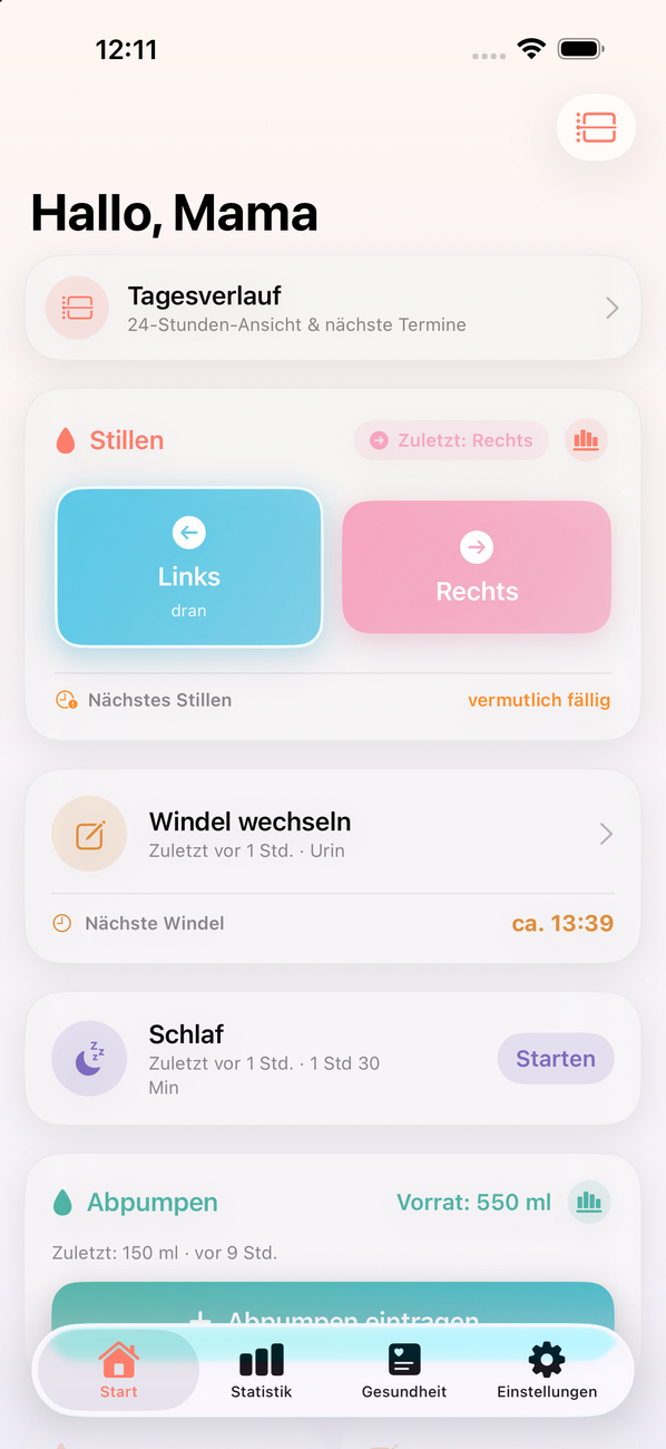 HeyFini Startbildschirm mit Stillen, Tagesverlauf, Schlaf und Abpumpen-Vorrat