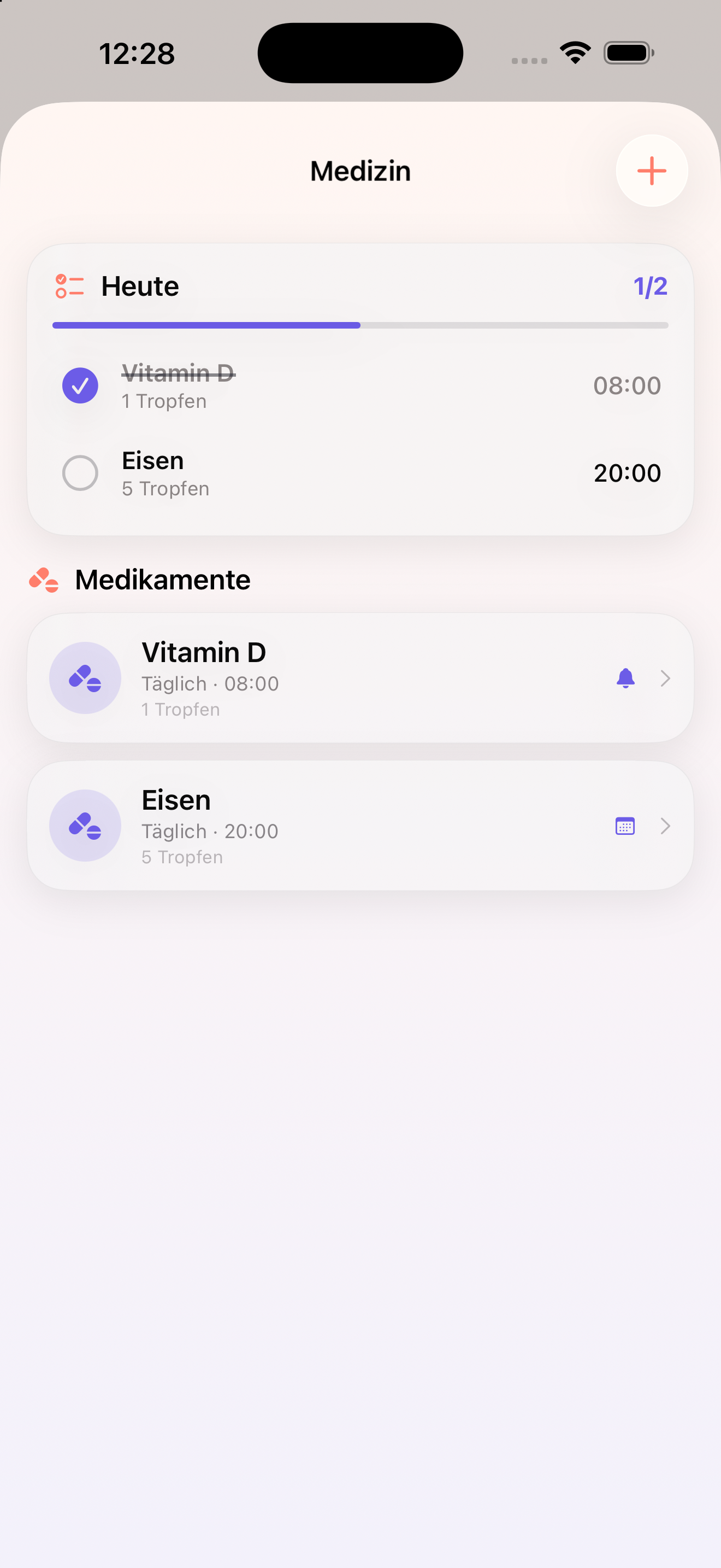 Medizin in HeyFini: Medikamente mit Einnahmezeiten, Erinnerung per App oder Kalender und Heute-Checkliste zum Abhaken