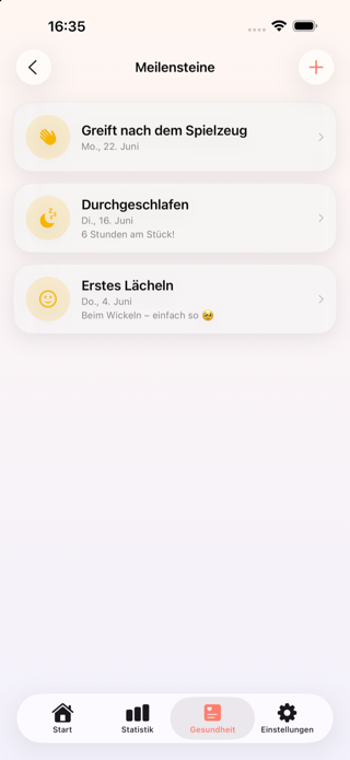 Meilensteine wie erstes Lächeln und Durchschlafen mit Datum und Foto