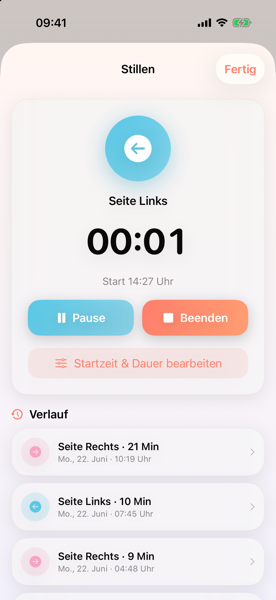 Stillen mit Live-Timer, Seite links/rechts, Pause und Verlauf