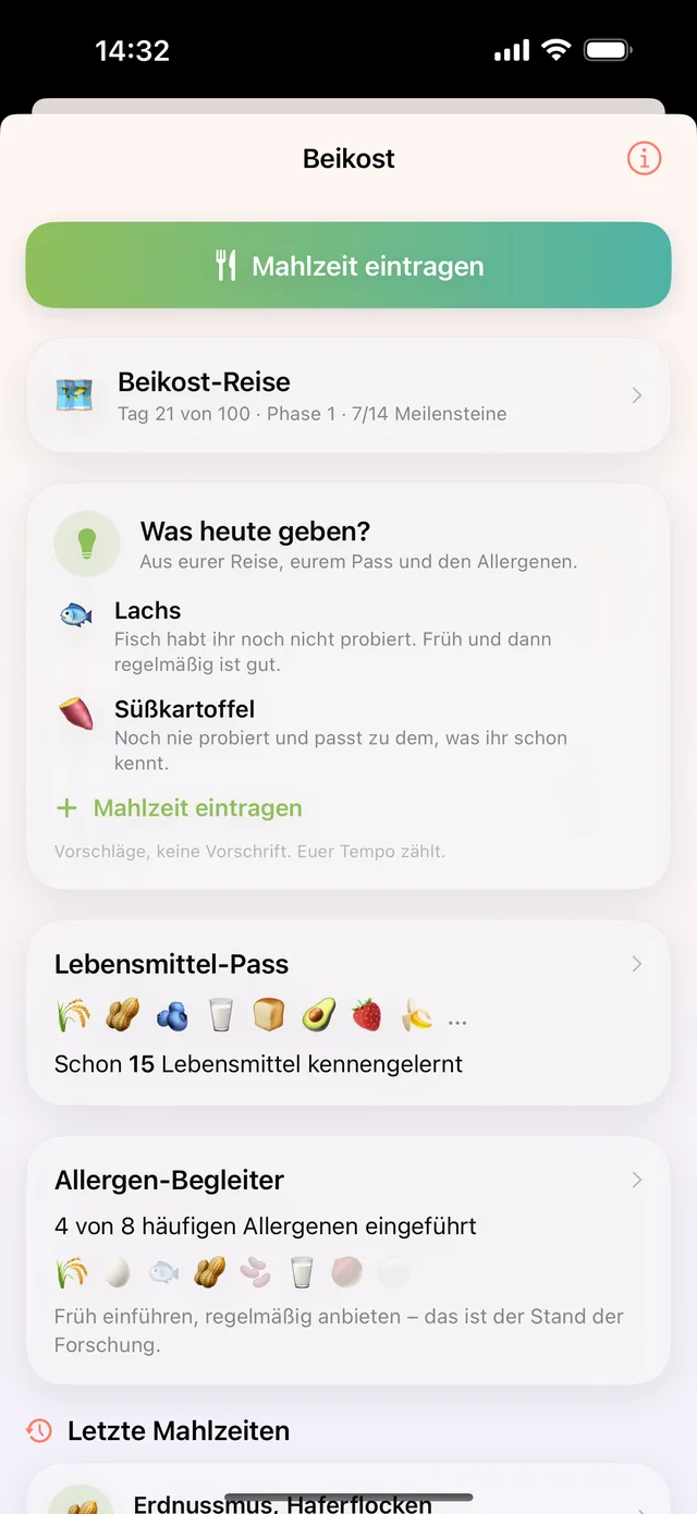 HeyFini-Beikost: Beikost-Reise mit Meilensteinen, Lebensmittel-Pass mit 15 Lebensmitteln und Allergen-Begleiter