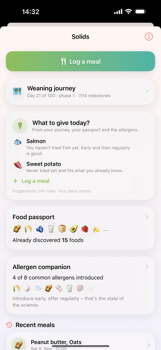 HeyFini solids: weaning journey with milestones, food passport with 15 foods discovered and allergen companion