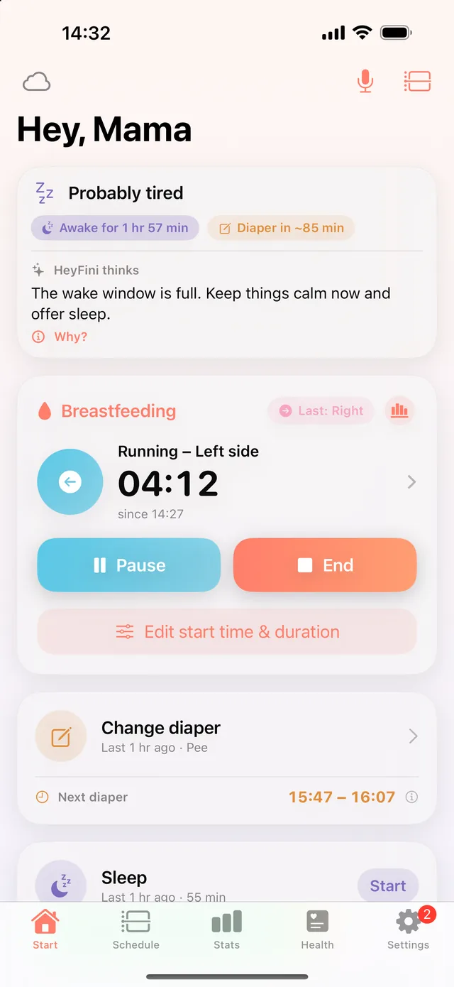 Active breastfeeding session in HeyFini: left side, live timer 04:12