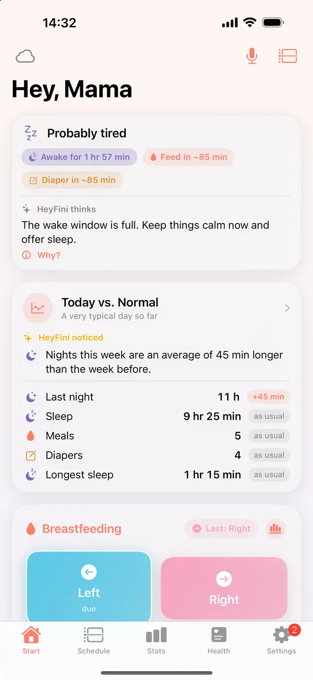 HeyFini home screen: “HeyFini noticed: Nights this week are an average of 45 min longer” and the “Today vs. Normal” card