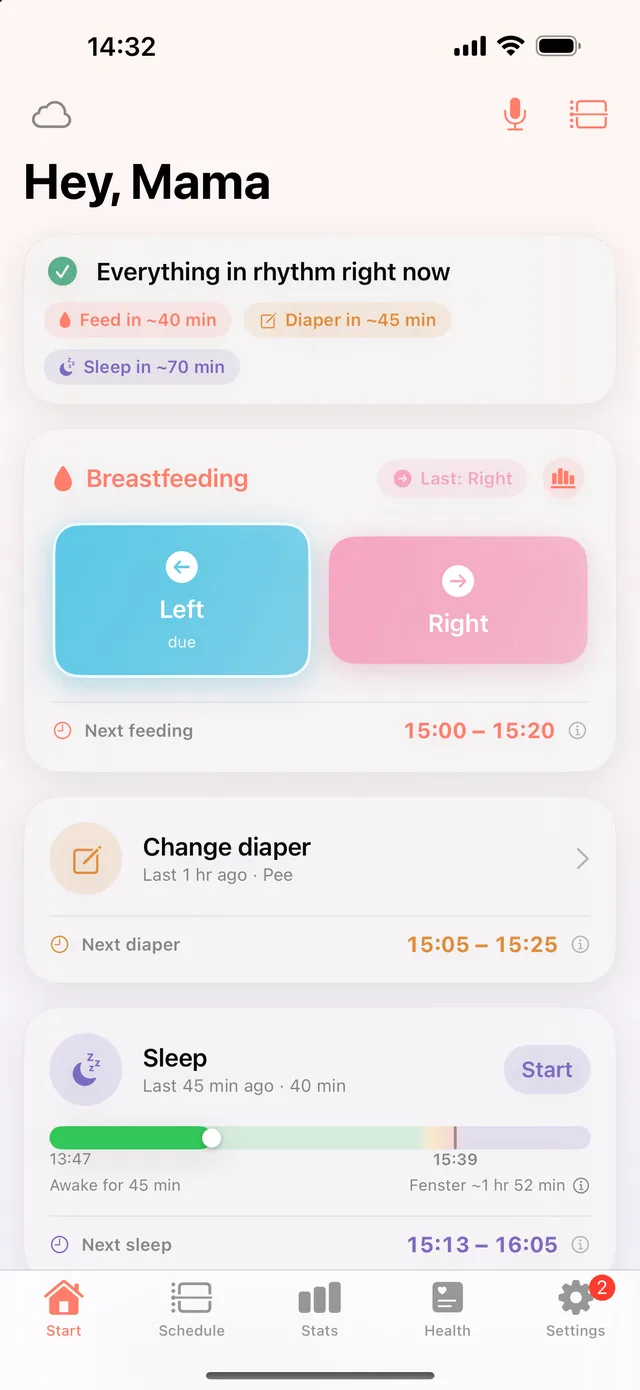 HeyFini home screen with predictions as a time window: next feeding 15:47 – 16:07, next diaper 15:47 – 16:07
