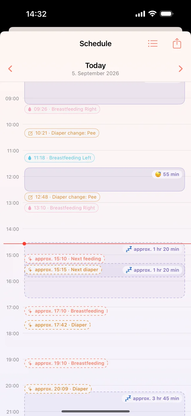 HeyFini schedule: 24-hour view with past entries and a predicted sleep block of approx. 1 hr 20 min
