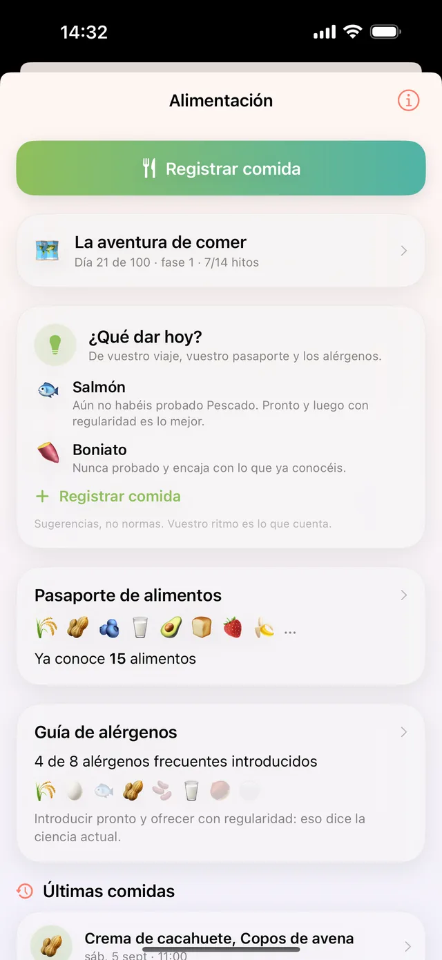 Alimentación en HeyFini: aventura de comer con hitos, pasaporte de alimentos con 15 alimentos y guía de alérgenos