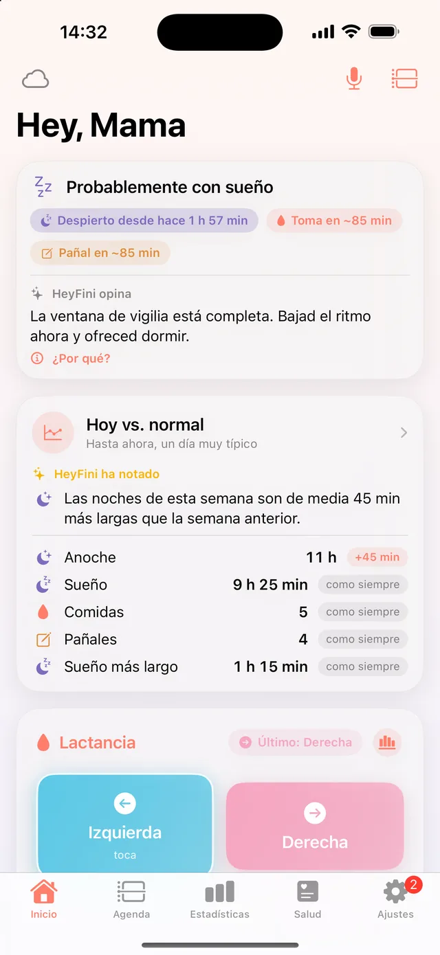 Pantalla de inicio de HeyFini: «HeyFini ha notado: Las noches de esta semana son de media 45 min más largas» y la tarjeta «Hoy vs. normal»