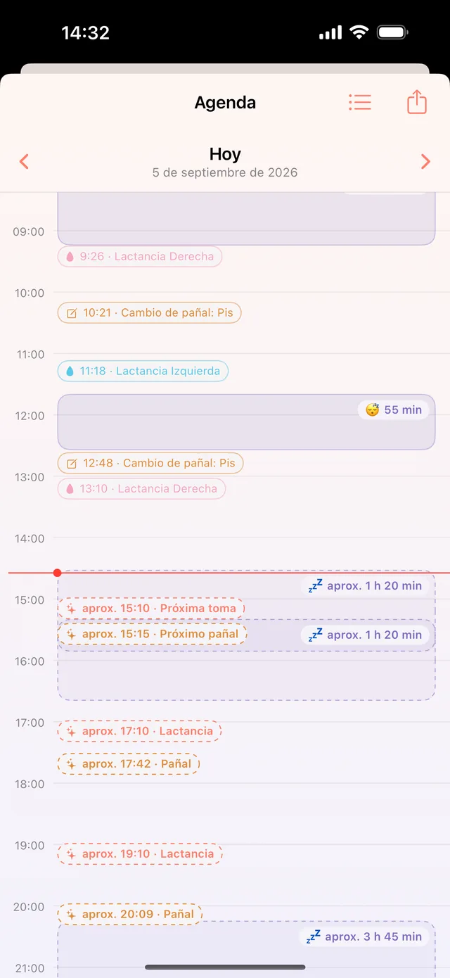 Agenda de HeyFini: vista de 24 horas con registros pasados y el bloque de sueño previsto de aprox. 1 h 20 min