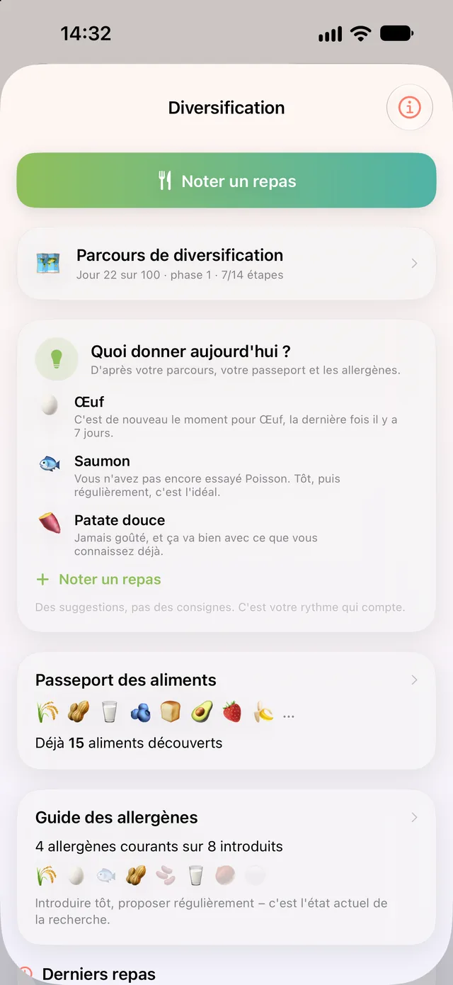 Diversification dans HeyFini : parcours avec étapes, passeport des aliments avec 15 aliments découverts et compagnon allergènes