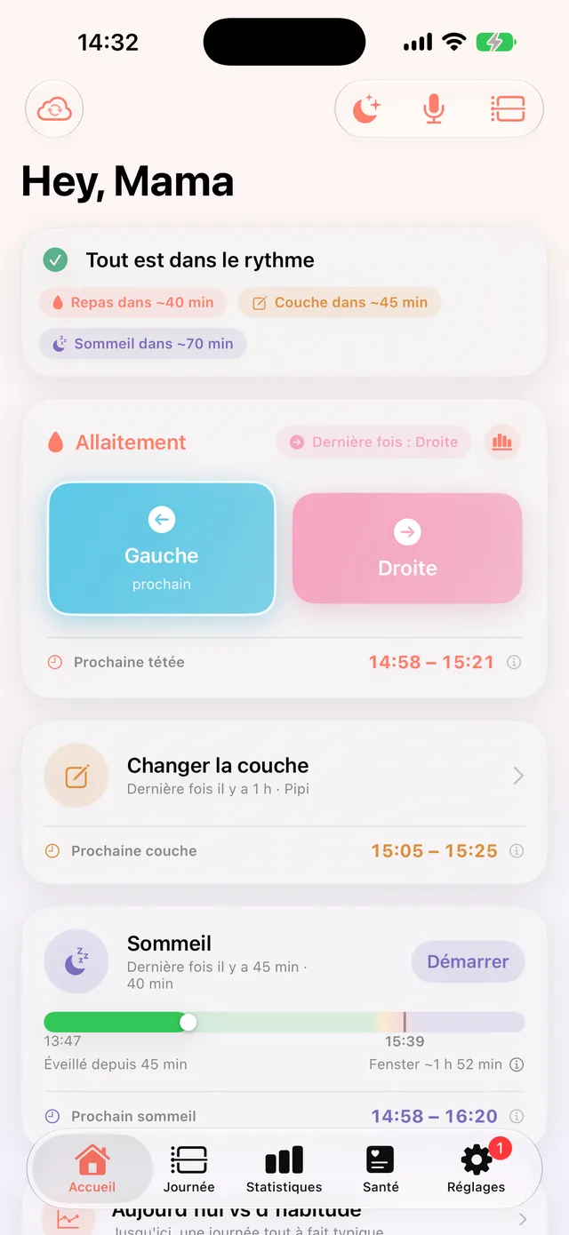Écran d’accueil HeyFini avec les prévisions sous forme de fenêtre : prochaine tétée 15:47 – 16:07, prochaine couche 15:47 – 16:07