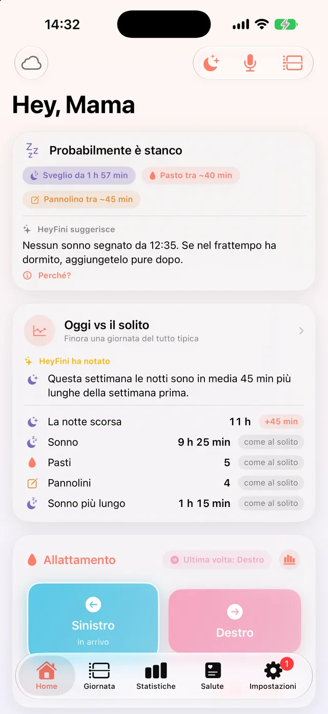 Schermata iniziale di HeyFini: «HeyFini ha notato: le notti di questa settimana sono in media 45 min più lunghe» e la scheda «Oggi vs. normale»