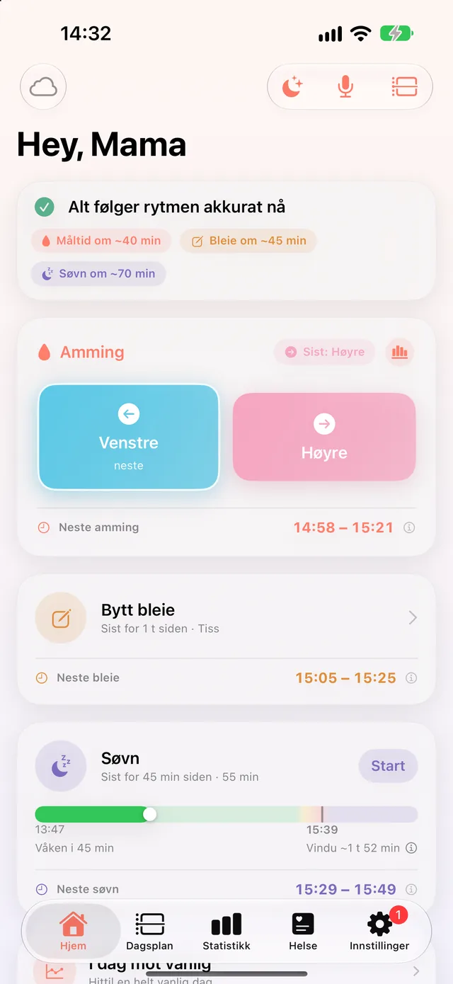 Hjem i HeyFini med det som står for tur nå: trolig trøtt, våken i 1 t 57 min, måltid om 85 min, og under «HeyFini mener» at våkenvinduet er fullt