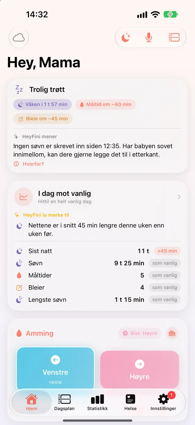 Hjem i HeyFini: «HeyFini la merke til: Nettene er i snitt 45 min lengre denne uken» og kortet «I dag mot vanlig»