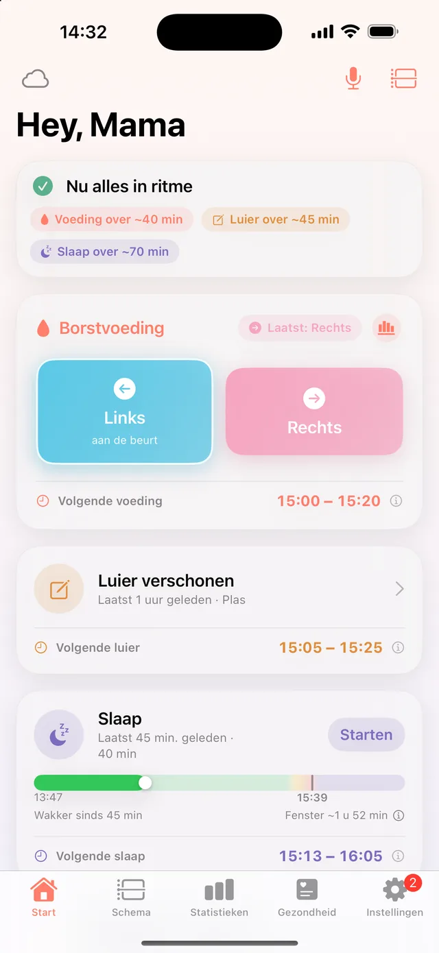 HeyFini-startscherm met de nu-kop: Waarschijnlijk moe, wakker sinds 1 u 57 min, voeding over 85 min, daaronder HeyFini denkt: Het wakkervenster is vol