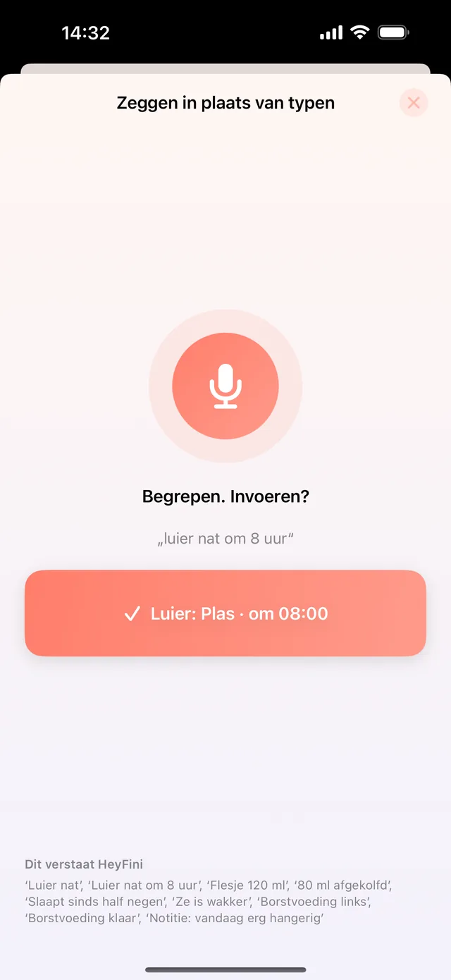 HeyFini zeggen in plaats van typen: „120 ml flesje” begrepen, knop Flesje 120 ml