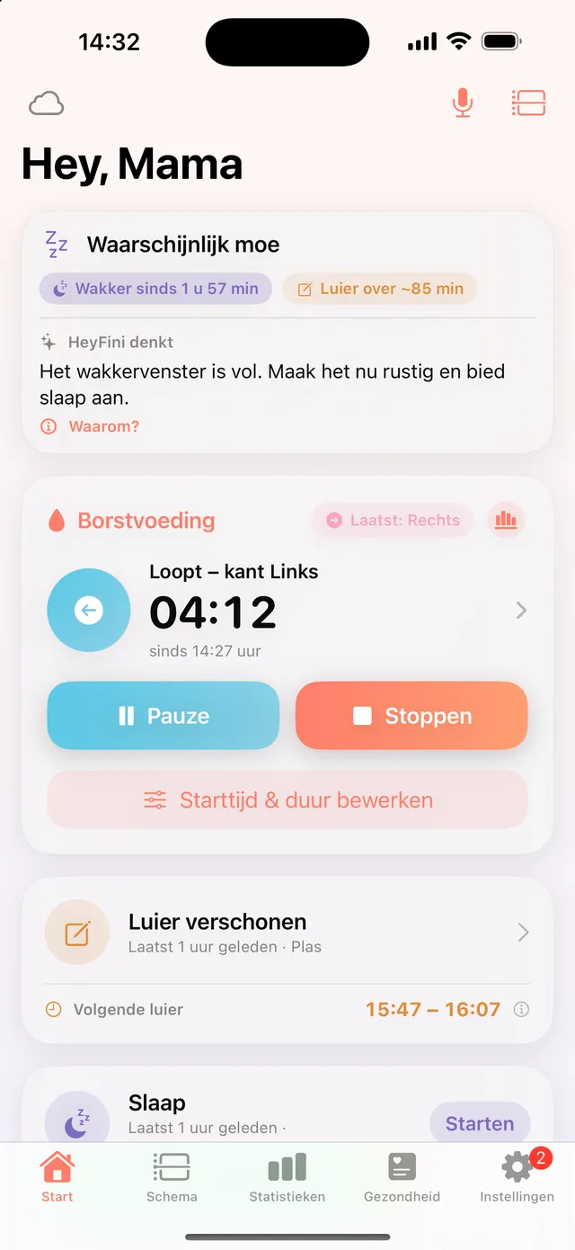Lopende voeding in HeyFini: kant links, live timer 04:12
