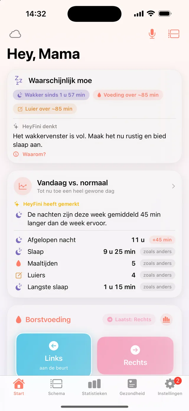 HeyFini-startscherm: „HeyFini heeft gemerkt: De nachten zijn deze week gemiddeld 45 min langer” en de kaart „Vandaag vs. normaal”
