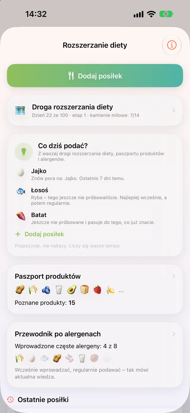 Rozszerzanie diety w HeyFini: droga rozszerzania diety z kamieniami milowymi, paszport produktów i przewodnik po alergenach