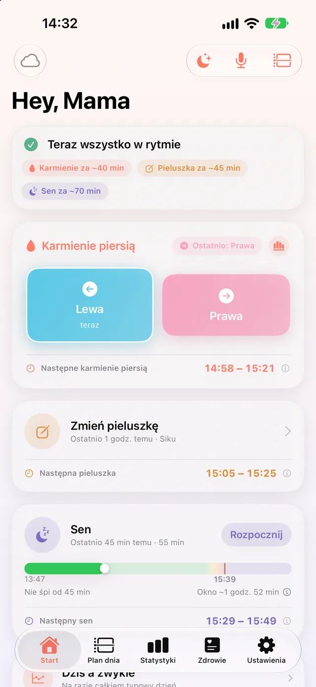 Ekran Start w HeyFini z górną kartą na teraz: pewnie zmęczone, nie śpi od 1 godz. 57 min, karmienie za 85 min, niżej HeyFini podpowiada, że okno aktywności się wypełniło