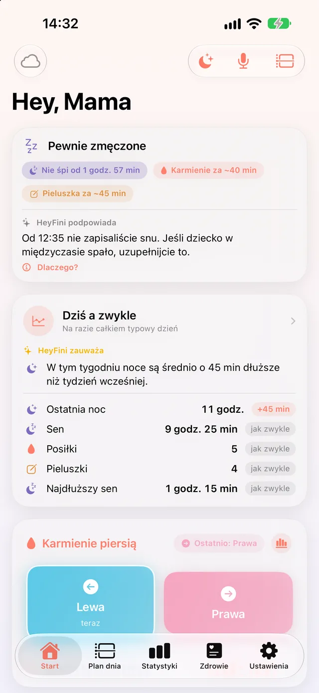 Ekran Start w HeyFini: „HeyFini zauważa: noce w tym tygodniu są średnio o 45 min dłuższe” i karta „Dziś a zwykle”
