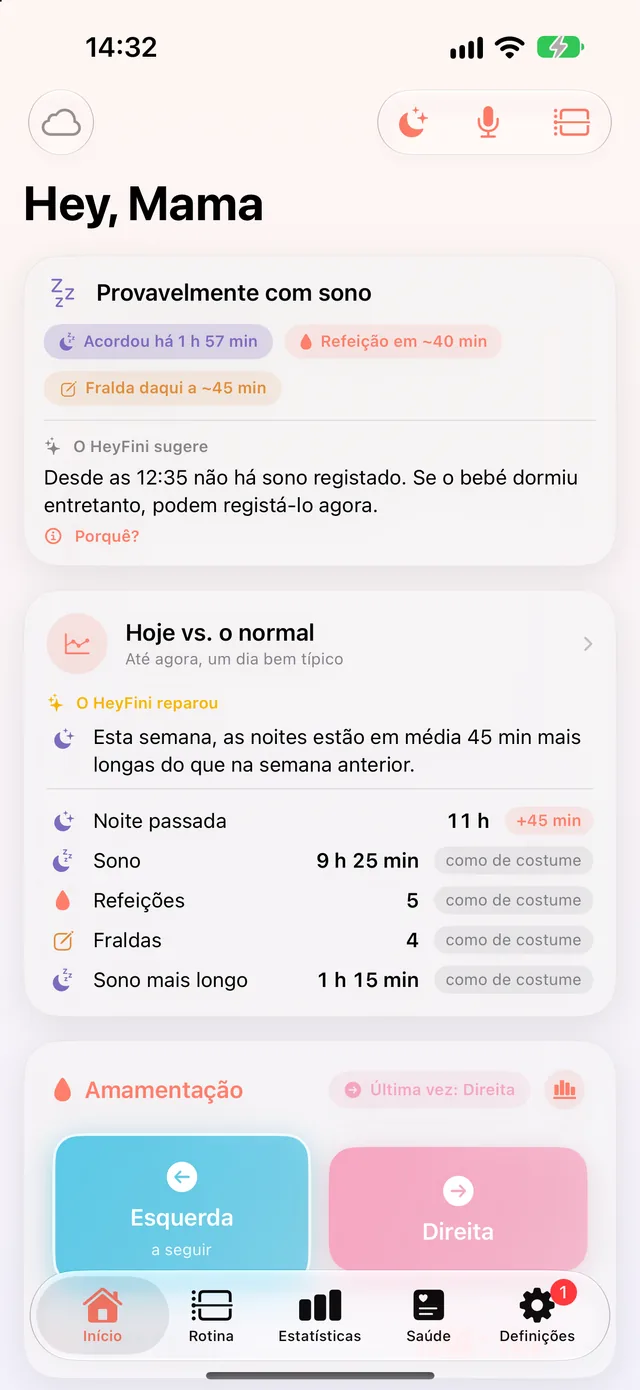 Início do HeyFini: “O HeyFini reparou: esta semana, as noites estão em média 45 min mais longas” e o cartão “Hoje vs. o normal”