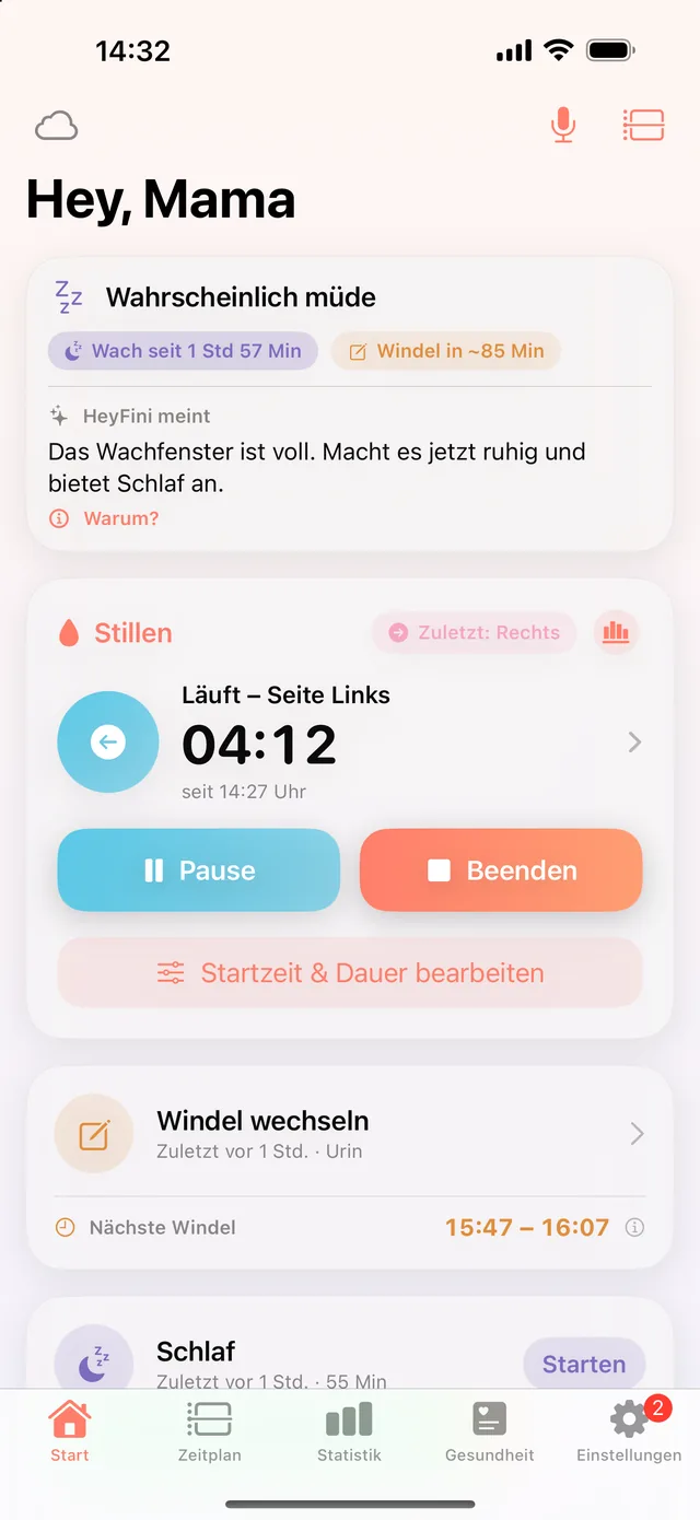 Laufendes Stillen in HeyFini: Seite Links, Live-Timer 04:12