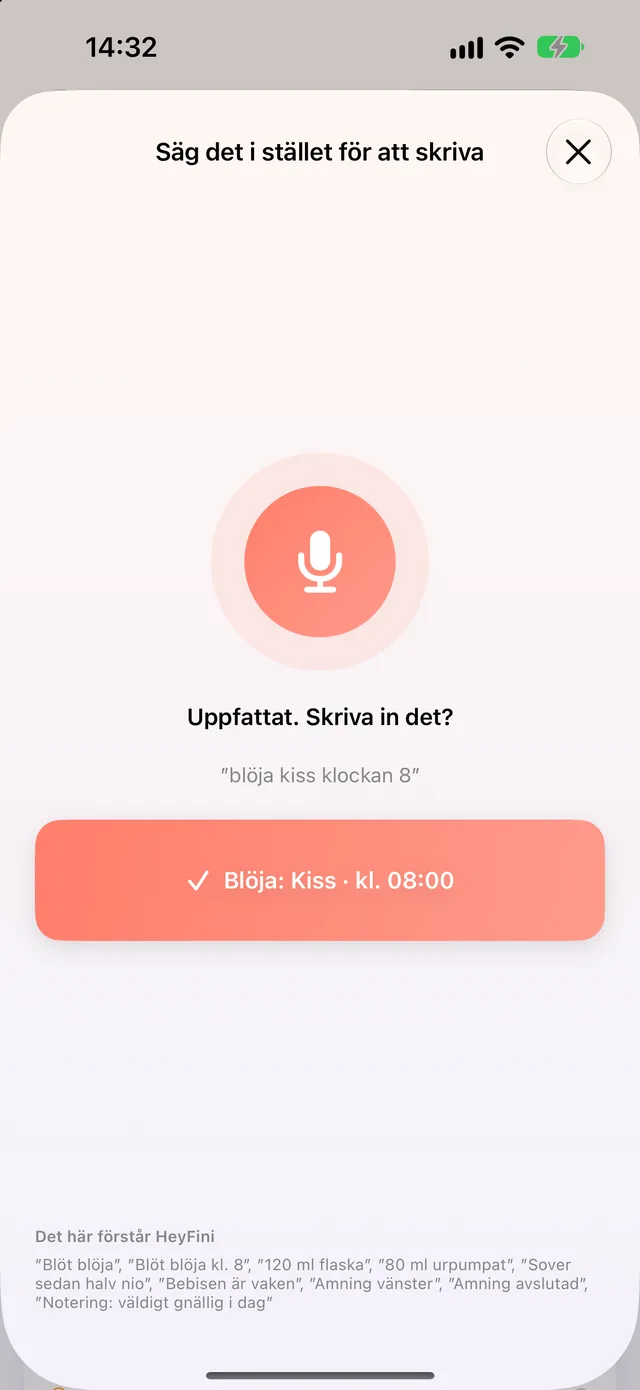 Säg det i stället för att skriva i HeyFini: ”120 ml flaska” förstått, knappen Lägg till flaska 120 ml