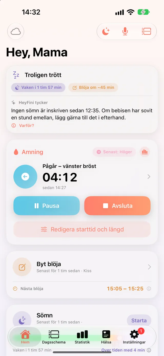 Pågående amning i HeyFini: vänster bröst, tidtagning live 04:12