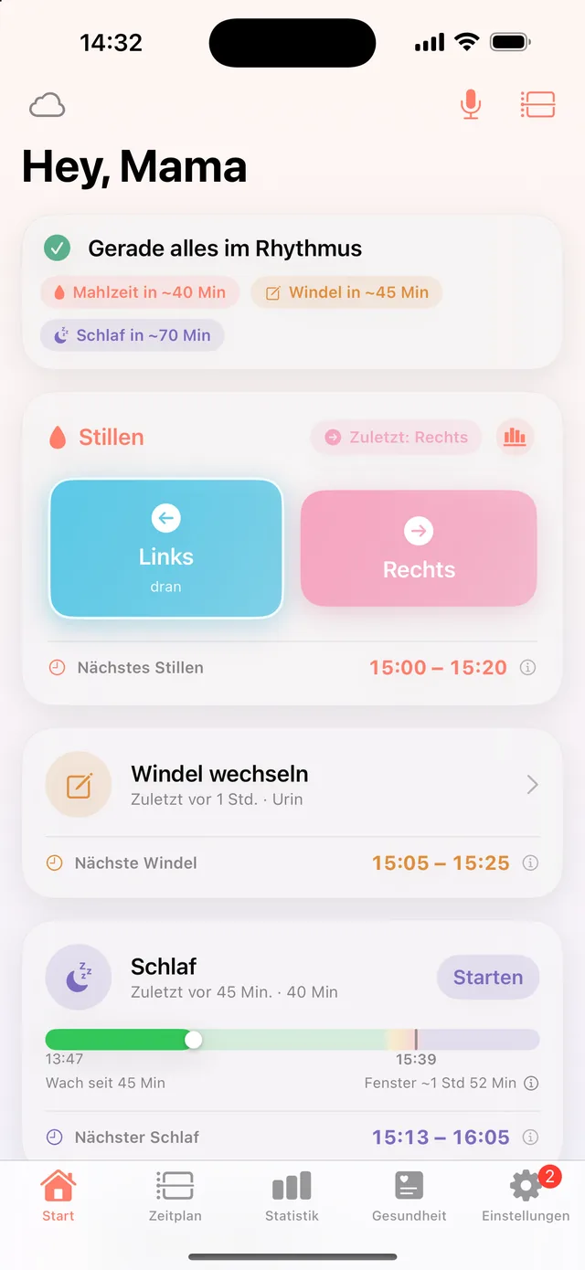 HeyFini-Startseite mit Vorhersagen als Zeitfenster: Nächstes Stillen 15:00 – 15:20, nächste Windel 15:05 – 15:25, nächster Schlaf 15:13 – 16:05